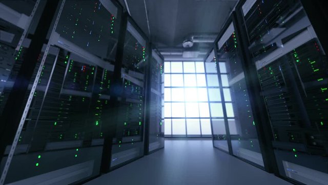 Slow tracking shot of server units in cloud service data center showing flickering light indicators for massive data connection bandwidth, close up shot.