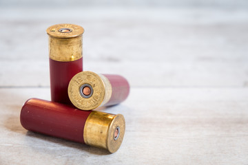 Fototapeta na wymiar 12-Gauge Shotgun Shells against a light wooden background. 
