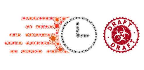 Obraz premium Coronavirus mosaic speed time icon and rounded corroded stamp watermark with Draft caption. Mosaic vector is designed with speed time icon and with randomized flu elements.