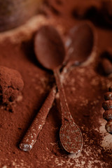 Delicious homemade chocolate preparation process. All kitchen tableware covered with cocoa powder. Intense brown color, aromatherapy. Dark and moody, macro, flat lay, top view