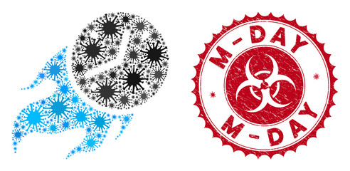 Coronavirus mosaic deadline fire icon and round distressed stamp watermark with M-Day caption. Mosaic vector is composed with deadline fire icon and with random epidemic symbols.
