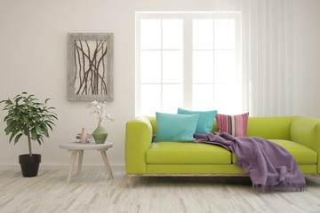 Stylish room in white color with sofa. Scandinavian interior design. 3D illustration