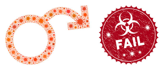 Coronavirus mosaic impotence icon and round distressed stamp seal with Fail caption. Mosaic vector is designed from impotence icon and with randomized virus elements.