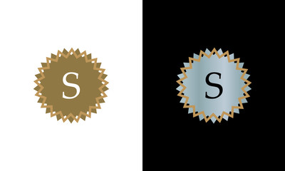 Graphic monogram with letter S on white and black background. Design of round logo shape of company emblem, organization, institution.