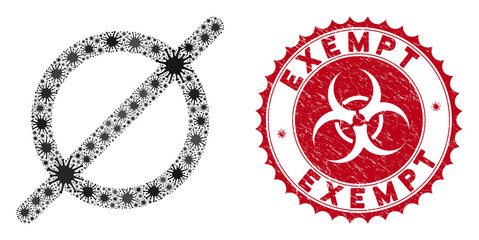 Coronavirus mosaic nothing icon and round corroded stamp seal with Exempt text. Mosaic vector is formed with nothing pictogram and with scattered infectious elements. Exempt seal uses biohazard style,