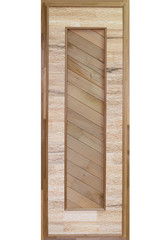 Wooden door made of planks on a white background