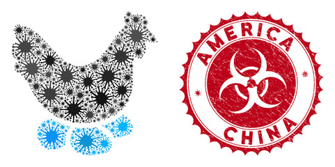 Coronavirus mosaic chicken hen icon and round grunge stamp seal with America China text. Mosaic vector is composed from chicken hen icon and with random microbe cell elements.