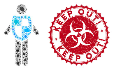 Fototapeta na wymiar Coronavirus mosaic life insurance icon and round grunge stamp watermark with Keep Out! phrase. Mosaic vector is designed with life insurance icon and with scattered mers-cov elements.