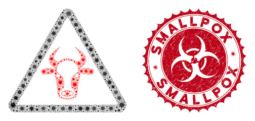 Coronavirus mosaic cow danger icon and rounded corroded stamp seal with Smallpox phrase. Mosaic vector is composed with cow danger pictogram and with randomized microbe objects.