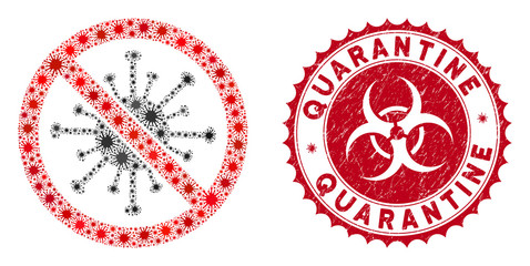 Coronavirus mosaic stop coronavirus icon and rounded rubber stamp watermark with Quarantine phrase. Mosaic vector is composed with stop coronavirus icon and with scattered pandemic elements.