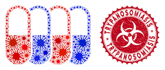 Coronavirus collage generic pharma icon and round distressed stamp watermark with Trypanosomiasis caption. Mosaic vector is composed with generic pharma icon and with randomized microorganism objects.