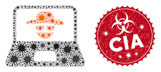 Coronavirus collage cyber crime icon and round corroded stamp seal with CIA caption. Mosaic vector is designed with cyber crime icon and with randomized microbe cell objects.