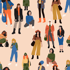 Vector seamless pattern with abstract women with different skin colors.
