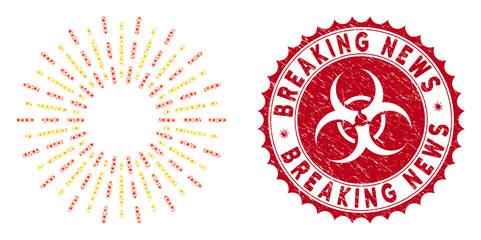 Coronavirus mosaic radiation rays icon and rounded rubber stamp watermark with Breaking News caption. Mosaic vector is composed with radiation rays icon and with randomized pandemic objects.