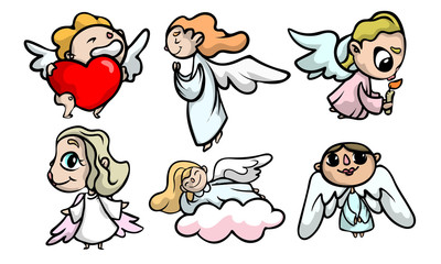 Set of cute beautiful angel kids with wings. Vector illustration in flat cartoon style.