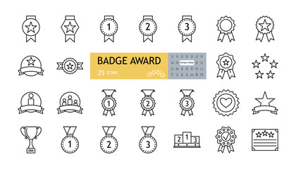 Badge award set icons. A collection of 25 linear images with an editable stroke. Medals with a star, a heart, on a garter, with a ribbon, a podium, a sports cup. Flat vector illustration on white back