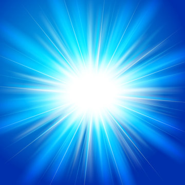 Bright flash, explosion or burst on the blue background. Vector illustration.