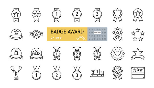 Badge award set icons. A collection of 25 linear images with an editable stroke. Medals with a star, a heart, on a garter, with a ribbon, a podium, a sports cup. Flat vector illustration on white back