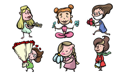 Set of happy smiling girls with flowers in different situations. Vector illustration in flat cartoon style.