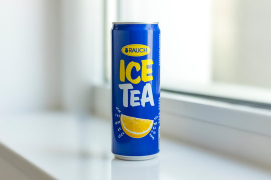 RAUCH ICE TEA brand with lemon flavor. A can with a drink is standing on the windowsill. Austrian brand