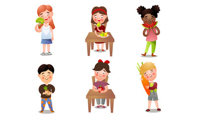 Set of cute happy smiling kids with fresh fruits and vegetables. Vector illustration in flat cartoon style.