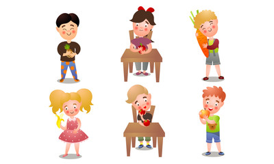 Set of cute happy smiling kids with fresh fruits and vegetables. Vector illustration in flat cartoon style.