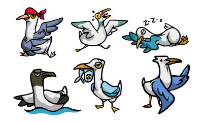 Set of cute and funny seagull character in different situations. Vector illustration in flat cartoon style.