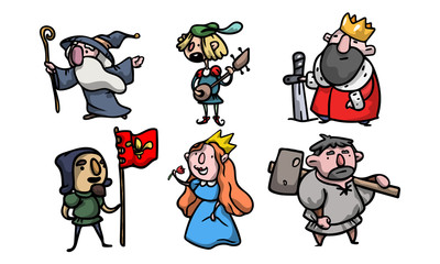 Set of cute and funny medieval characters of different people. Vector illustration in flat cartoon style.