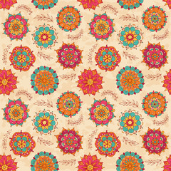 Vector seamless pattern, doodling design. Hand draw flowers. Color doodle background