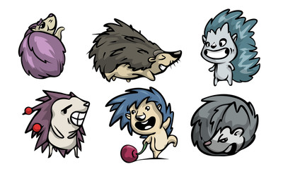 Set of funny hedgehog character in different actions. Vector illustration in flat cartoon style.