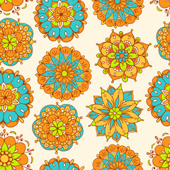 Vector seamless pattern, doodling design. Hand draw flowers. Color doodle background