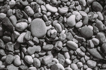 Black and white closeup top view photo of many rounded smooth pebbles at sea beach. Natural organic background.