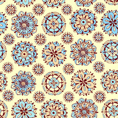 Vector seamless pattern, doodling design. Hand draw flowers. Color doodle background