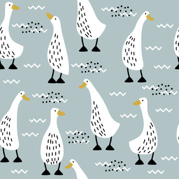 Seamless pattern with cute white funny geese