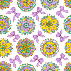 Vector seamless pattern, doodling design. Hand draw flowers. Color doodle background