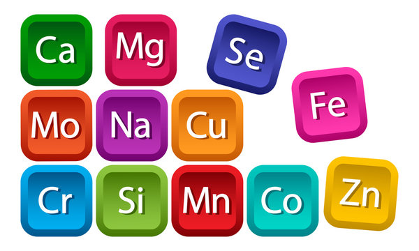 Mineral complex for health. Calcium, magnesium, zinc, iron, manganese, cobalt, copper, potassium, molybdenite, chromium, silicon, selenium. Colorful square buttons. Vector illustration
