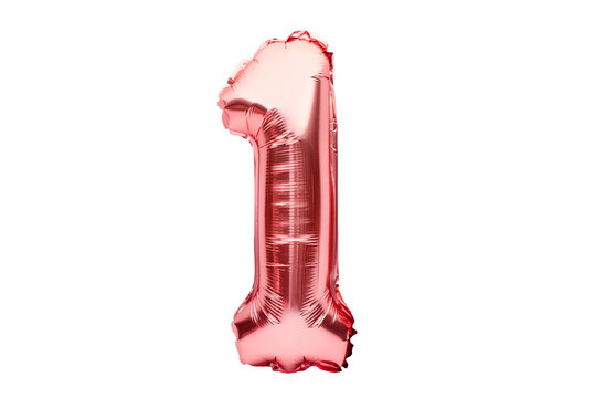 Number 1 one, made of rose golden inflatable helium balloon. Gold pink foil balloon font part of full set of numbers, isolated on white. Birthday party celebration, sales and discounts concept