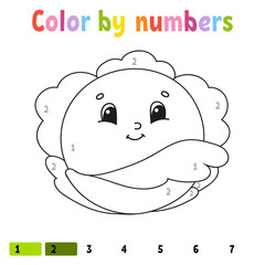 Color by numbers cabbage. Coloring book for kids. Vegetable character. Vector illustration. Cute cartoon style. Hand drawn. Worksheet page for children. Isolated on white background.