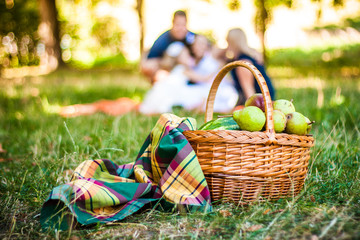 Picnic Basket With Blanket and Pears On The Grass. On Front Of The Family In Bokeh