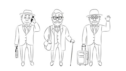 Stylish businessmen set. Cartoon male characters.Old men in fashion clothes.Vector illustration of a linear silhouette on a white background.