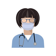 Fototapeta premium Vector icon doctor. Image of female doctor, with a stethoscope, in medical uniform and gauze protective bandage on her face. Isolated color illustration, avatar of the doctor. Vector illustration