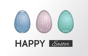 Vector Happy Easter greeting card. Colored eggs with geometric pattern