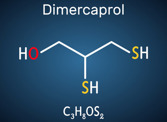 Dimercaprol, BAL, British anti-Lewisite, C3H8OS2, molecule. It is chelating agent, antidote against poison gas lewisite. Structural chemical formula on the dark blue background