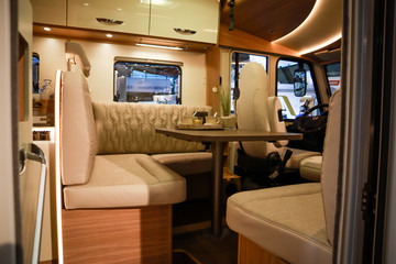 Interior of luxury caravan. Detail photo of coach with equipment.Kitchen