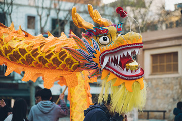 Head of a plastic dragon driven by people in the middle of the street at a Chinese celebration