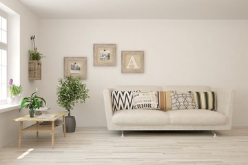 Stylish room in white color with sofa. Scandinavian interior design. 3D illustration