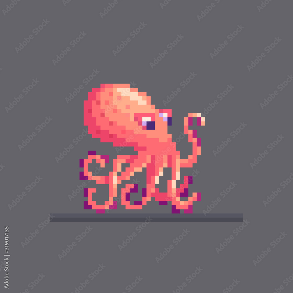 Wall mural pixel art sea pink octopus.