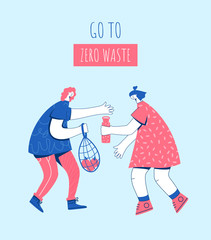 Zero waste concept. Women with string bag, textile shopper and reusable water bottle.