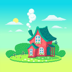 Obraz na płótnie Canvas Pixel art fairy house on the meadow.