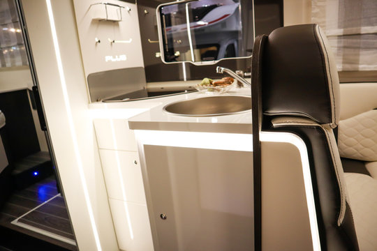 Interior of luxury caravan. Detail photo of coach with equipment.Kitchen © Yaroslav